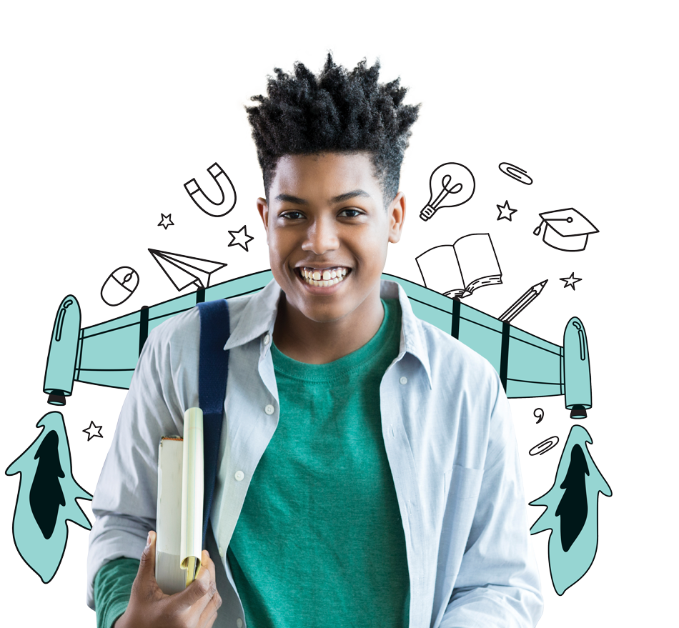 school boy with rocket doodles