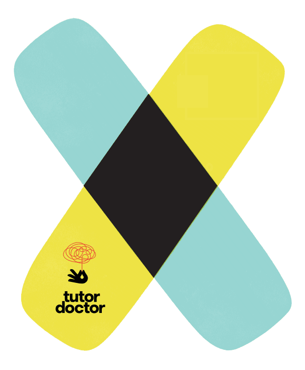 A stylized X-shape in yellow and light blue with a black center, featuring the Tutor Doctor