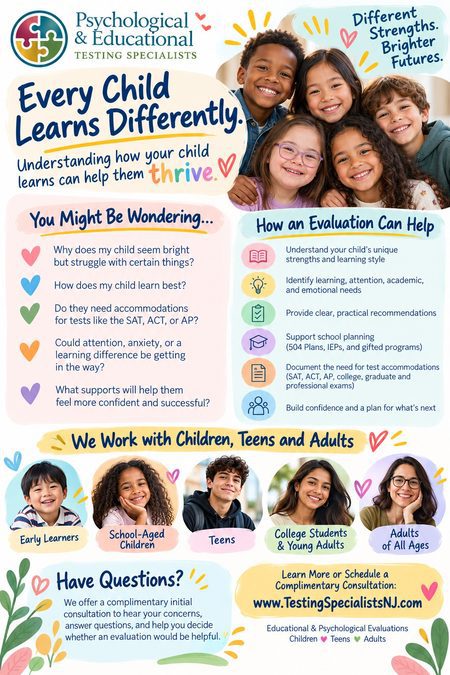 Psychological & Educational Testing Specialists flyer: Every Child Learns Differently. Evaluations for children, teens and adults.