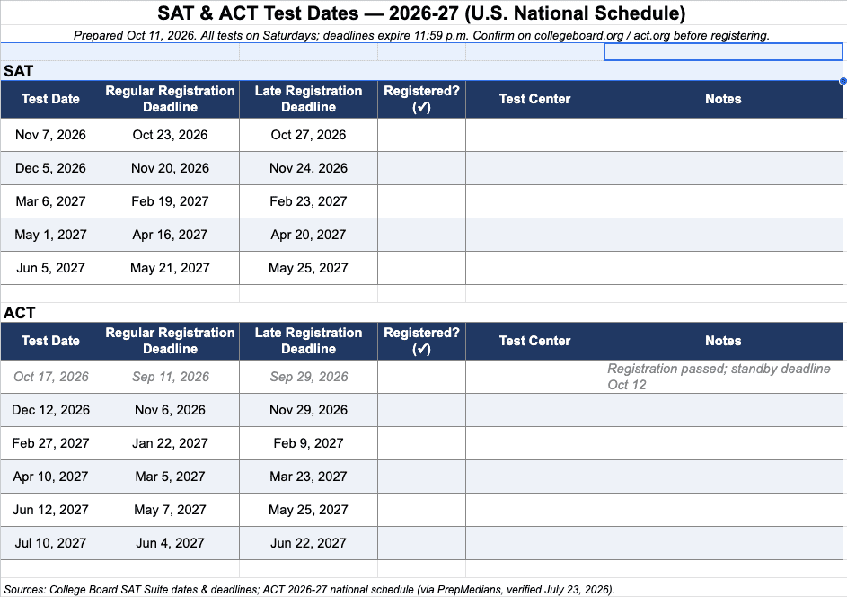 A table outlining the 2026-2027 U.S.