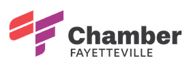 The Chamber Fayetteville logo features a stylized red and purple 'F' graphic next to the organization