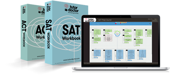 Tutor Doctor SAT and ACT Workbook  image of hard copy workbook and laptop displaying the Tutor Doctor SAT and ACT workbook website 