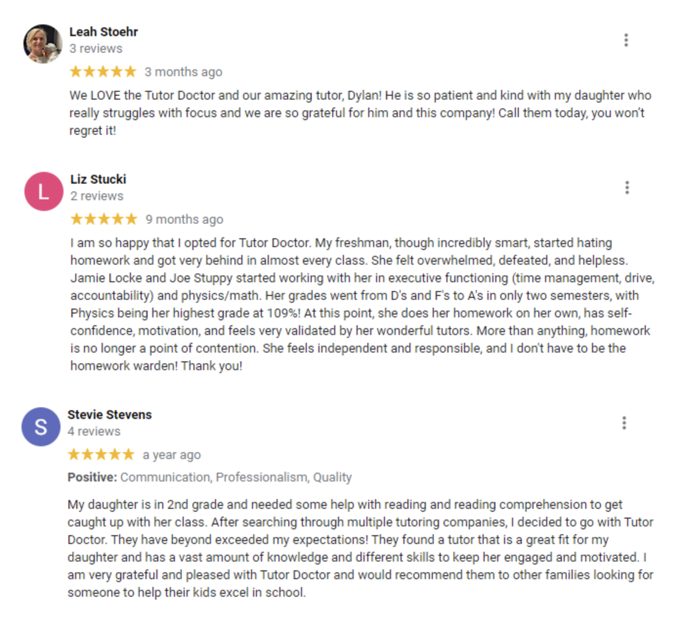 Screenshot of 5 star reviews 