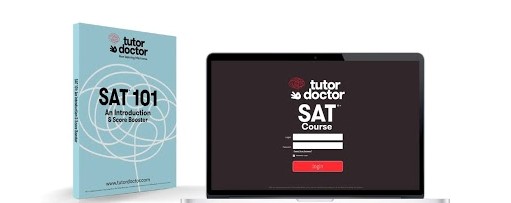 Tutor Doctor SAT 101 image of hard copy manual and laptop displaying the Tutor Doctor SAT log in page