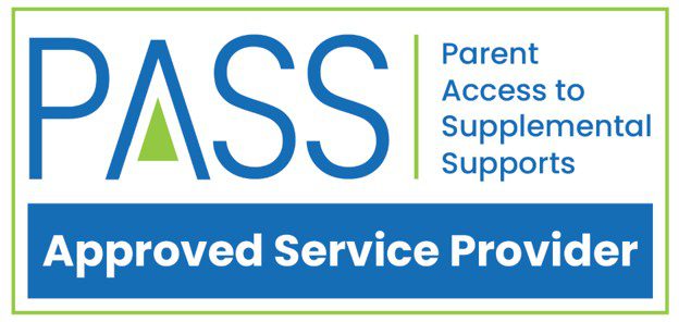 Blue and green PASS logo for Parent Access to Supplemental Supports, indicating an Approved Service Provider.