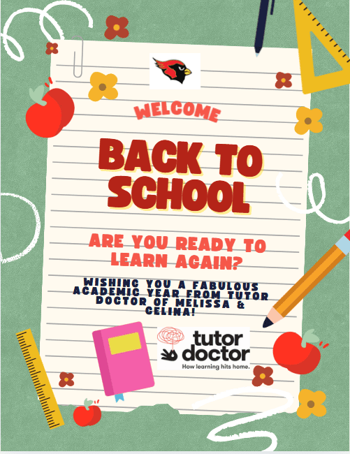 Welcome Back to School flyer featuring school supplies and Tutor Doctor branding.