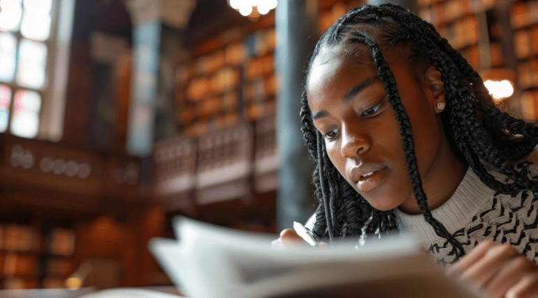 A young Black woman with braids intently studies a book in a library.
