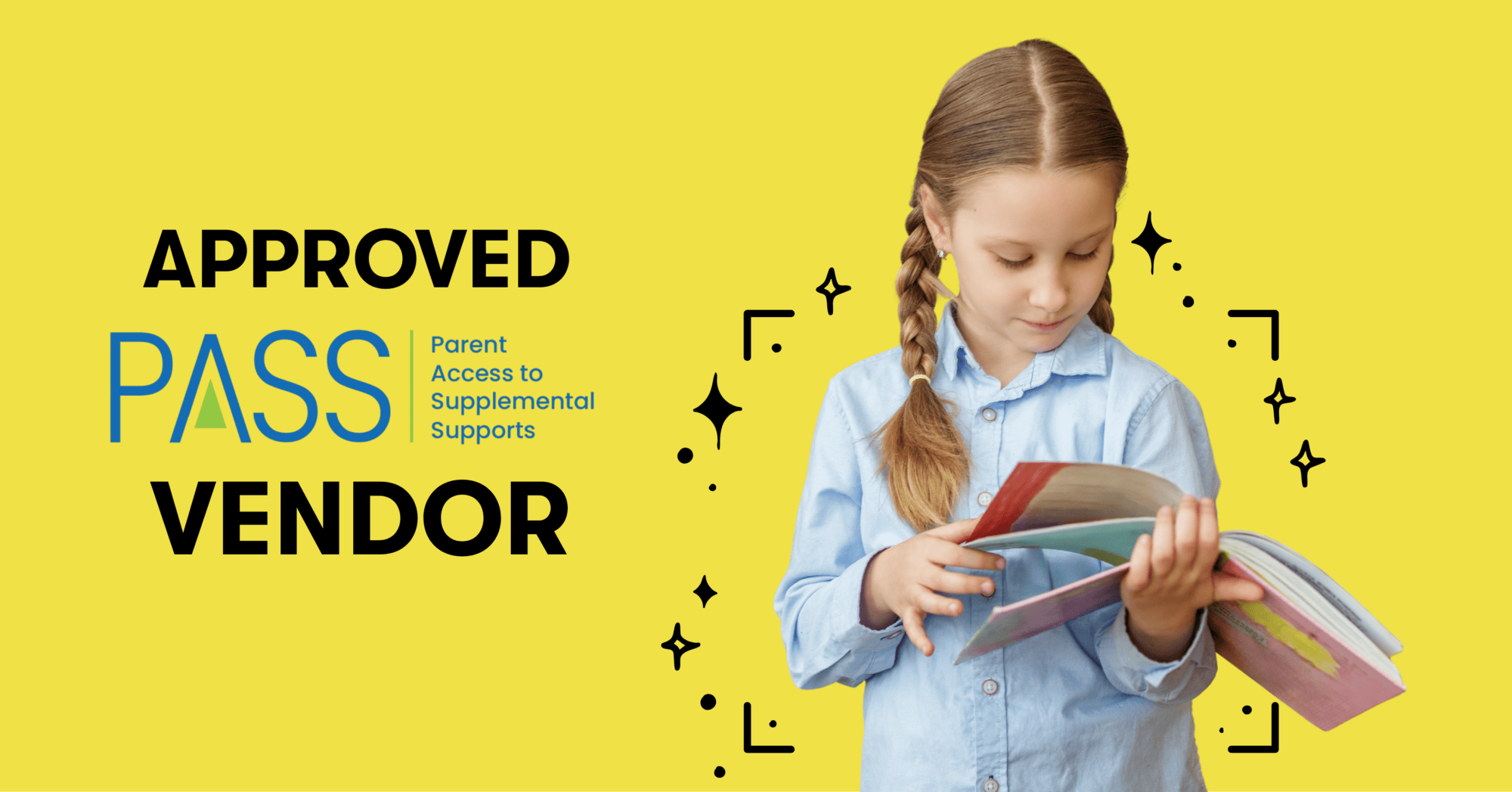 A young girl reads a colorful book on a yellow background with "APPROVED PASS VENDOR