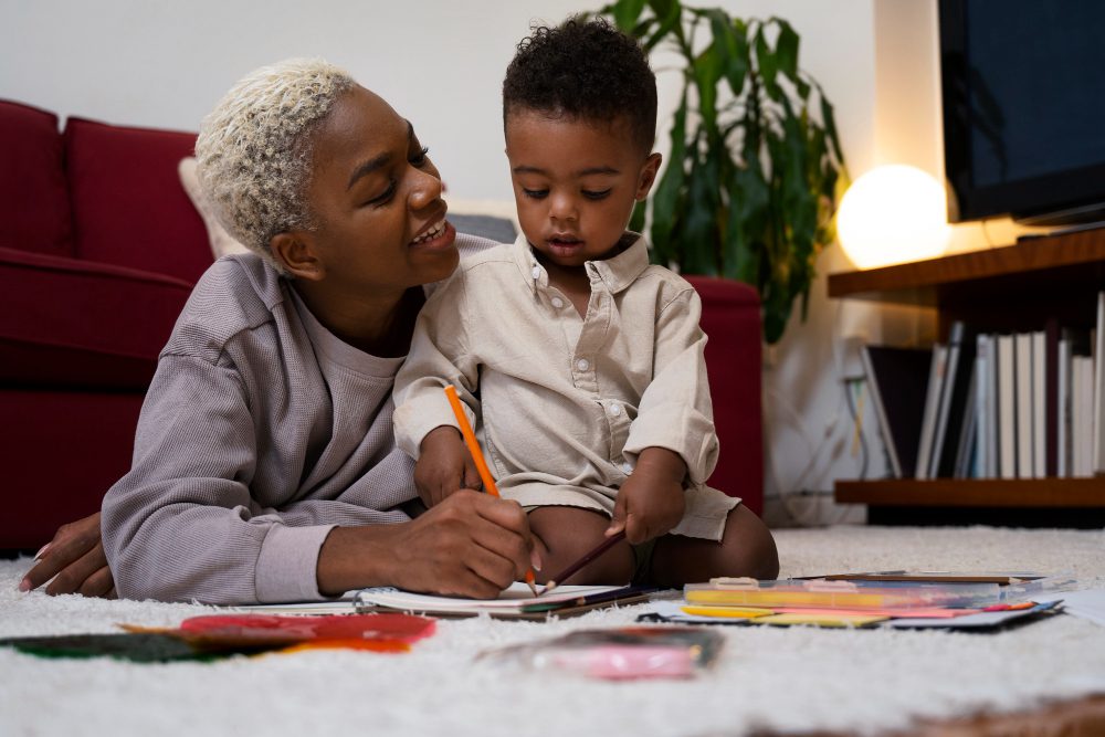 Mother teaching child math tips at home
