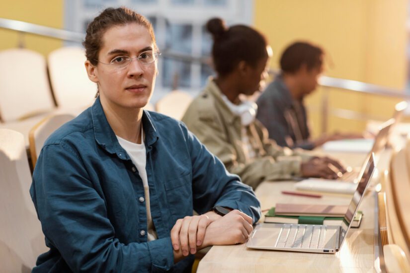 Student sits at computer and prepares to take the SAT exam