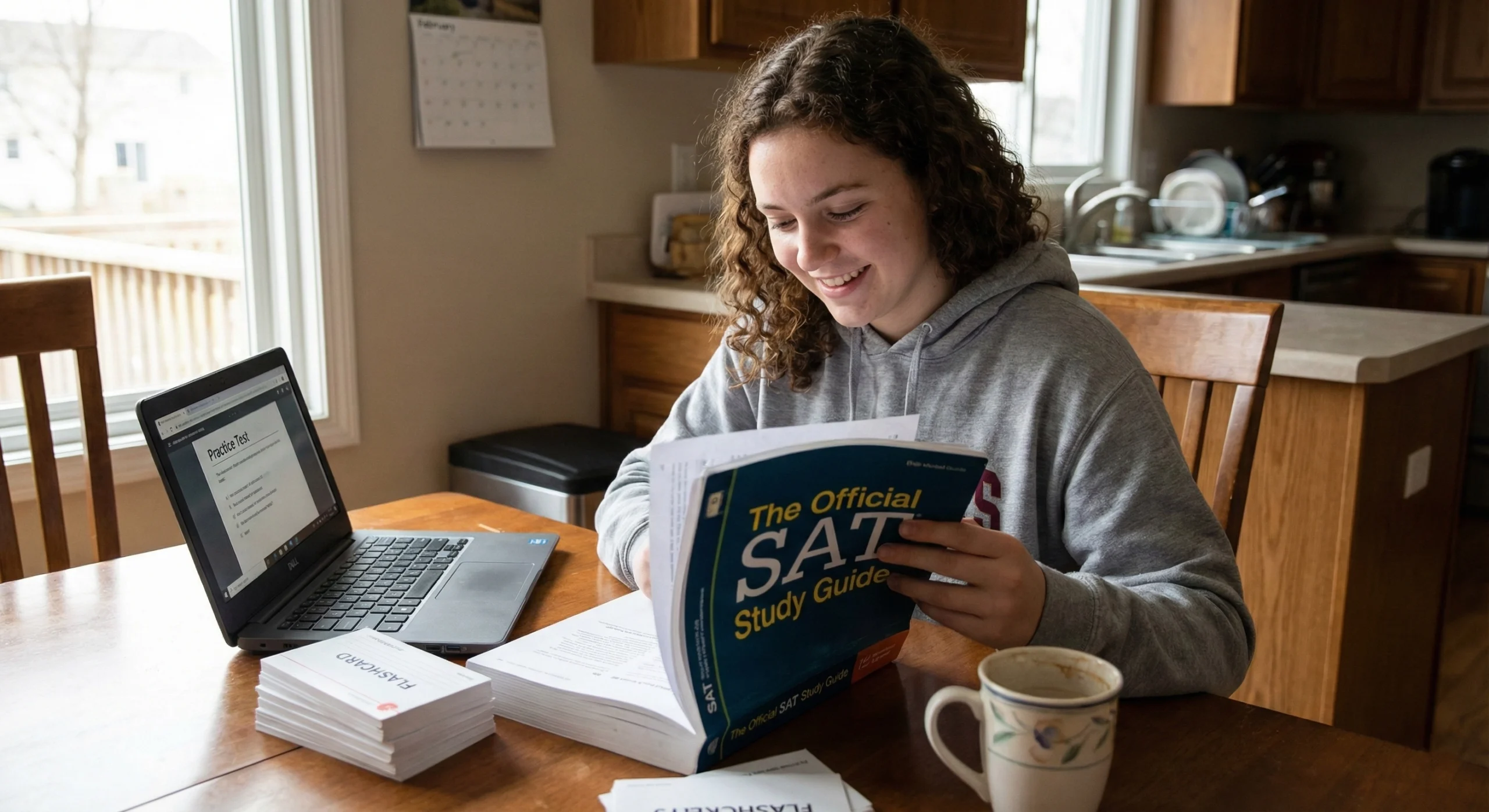 Student uses SAT prep guide book to prepare for SAT exam