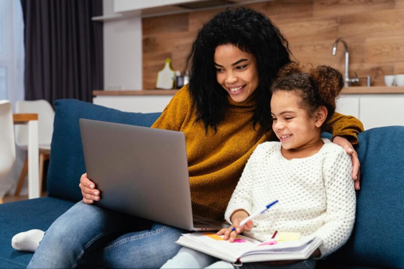 A mother and child work on developing math skills at home