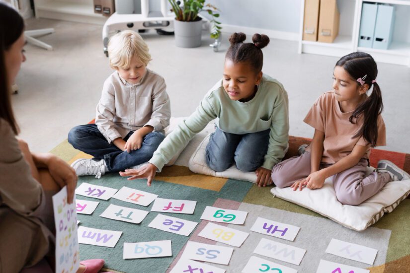 Children sit around flashcards to practice reading and phonics