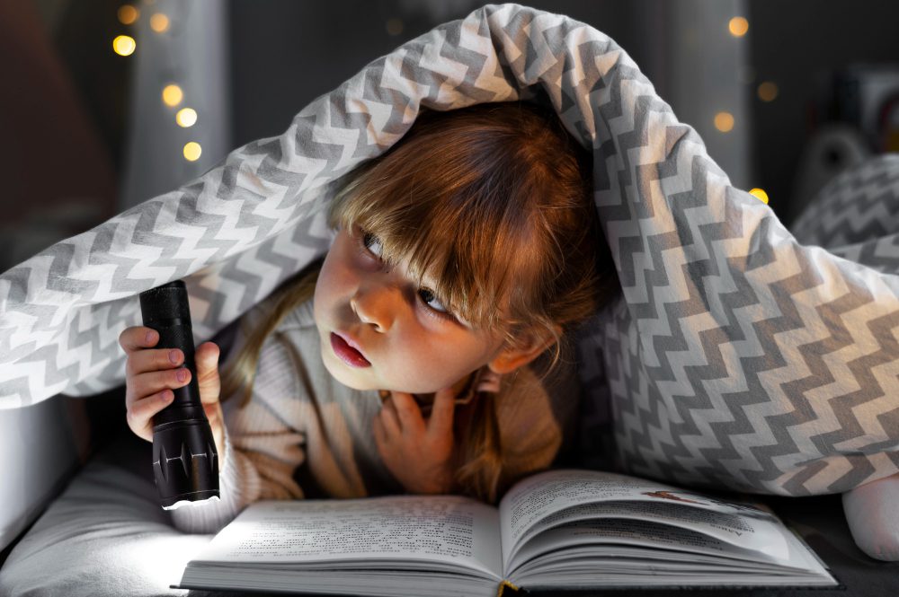 Child reads book in bed at night