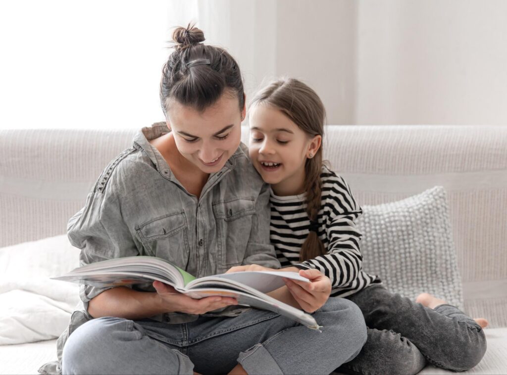 Parent reading with child at home