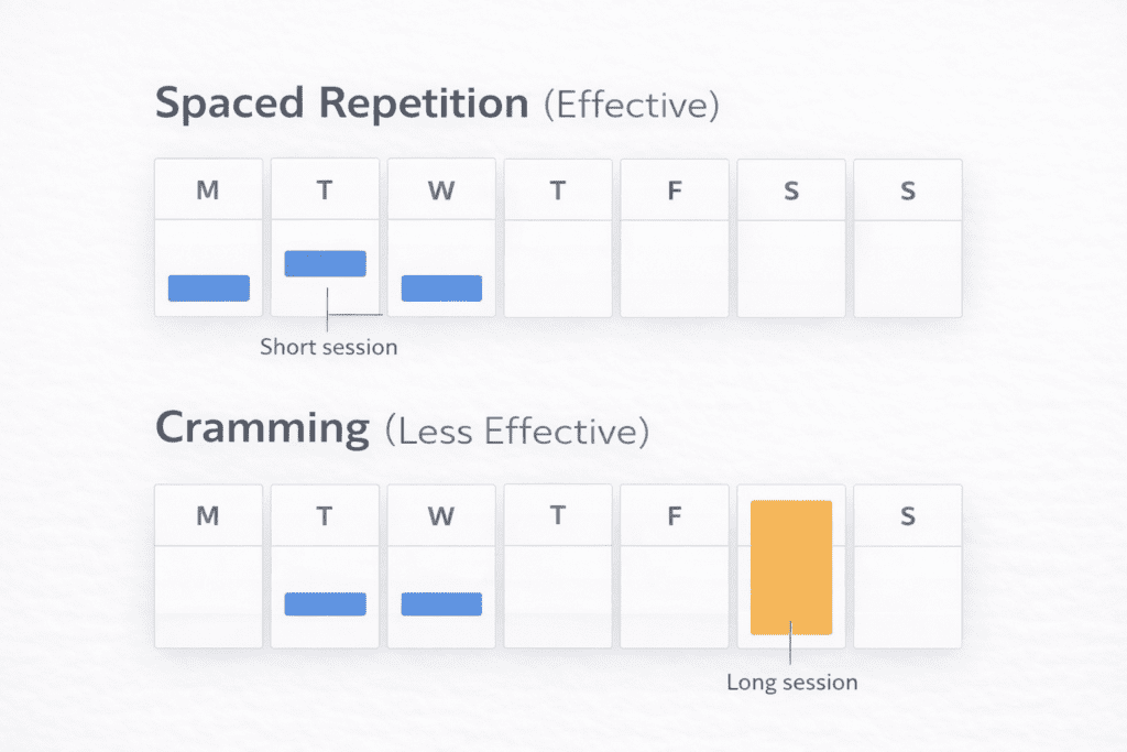 Graphic comparing effectiveness between spaces out studying and cramming