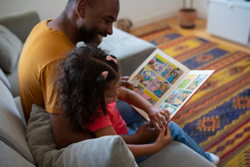 Father reading to his daughter at home