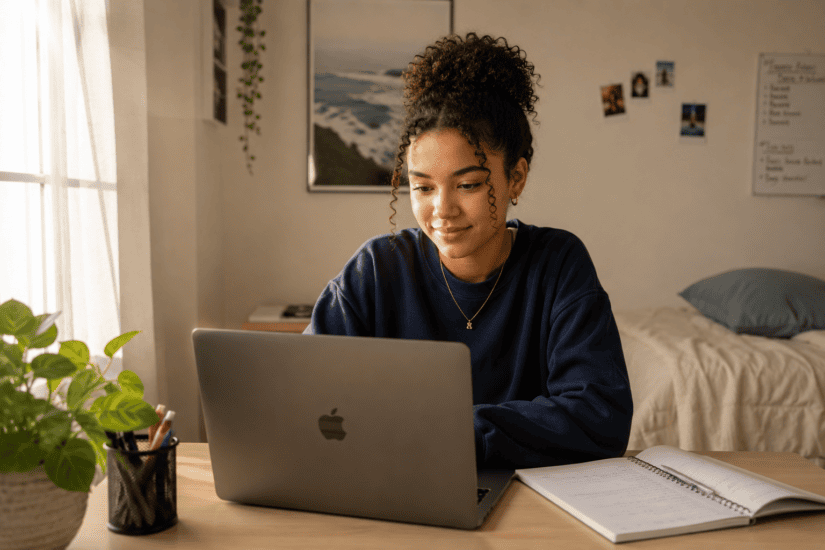 A smiling young woman works on her laptop at a desk in a bright room.