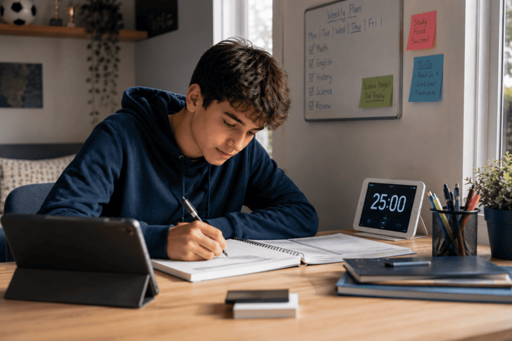 A focused student in a blue hoodie writes in a notebook at a desk with a tablet and timer.