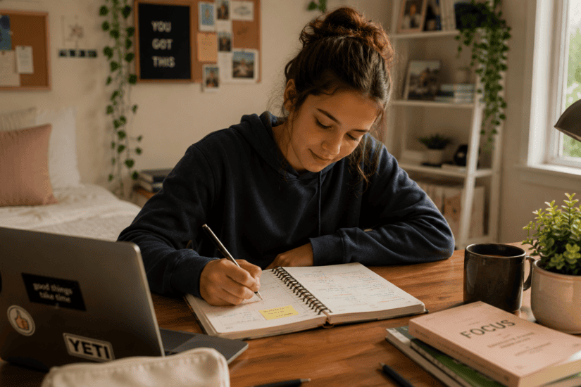 A focused student writes in her planner at a wooden desk in a cozy room.