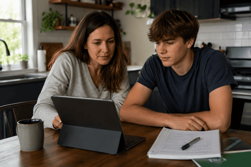 An adult woman helps a teenage boy with homework on a laptop at a kitchen table.