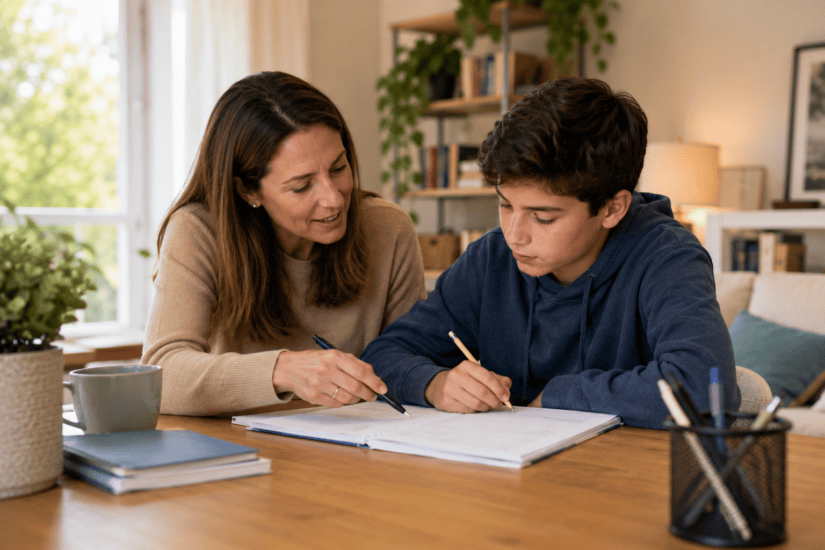 A woman assists a boy with his homework, pointing at a notebook on a wooden table