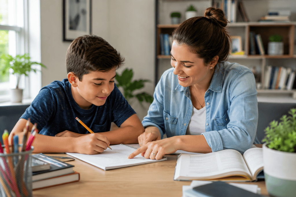 A smiling woman helps a boy with his homework at a wooden desk.