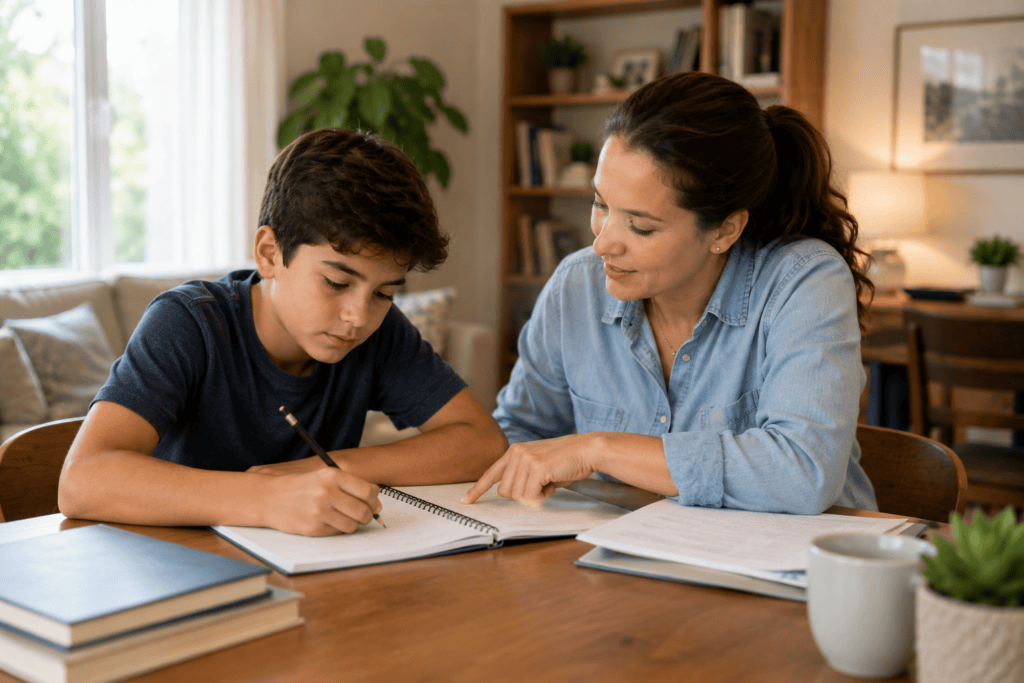 A woman helps a young boy with his homework at a wooden table.