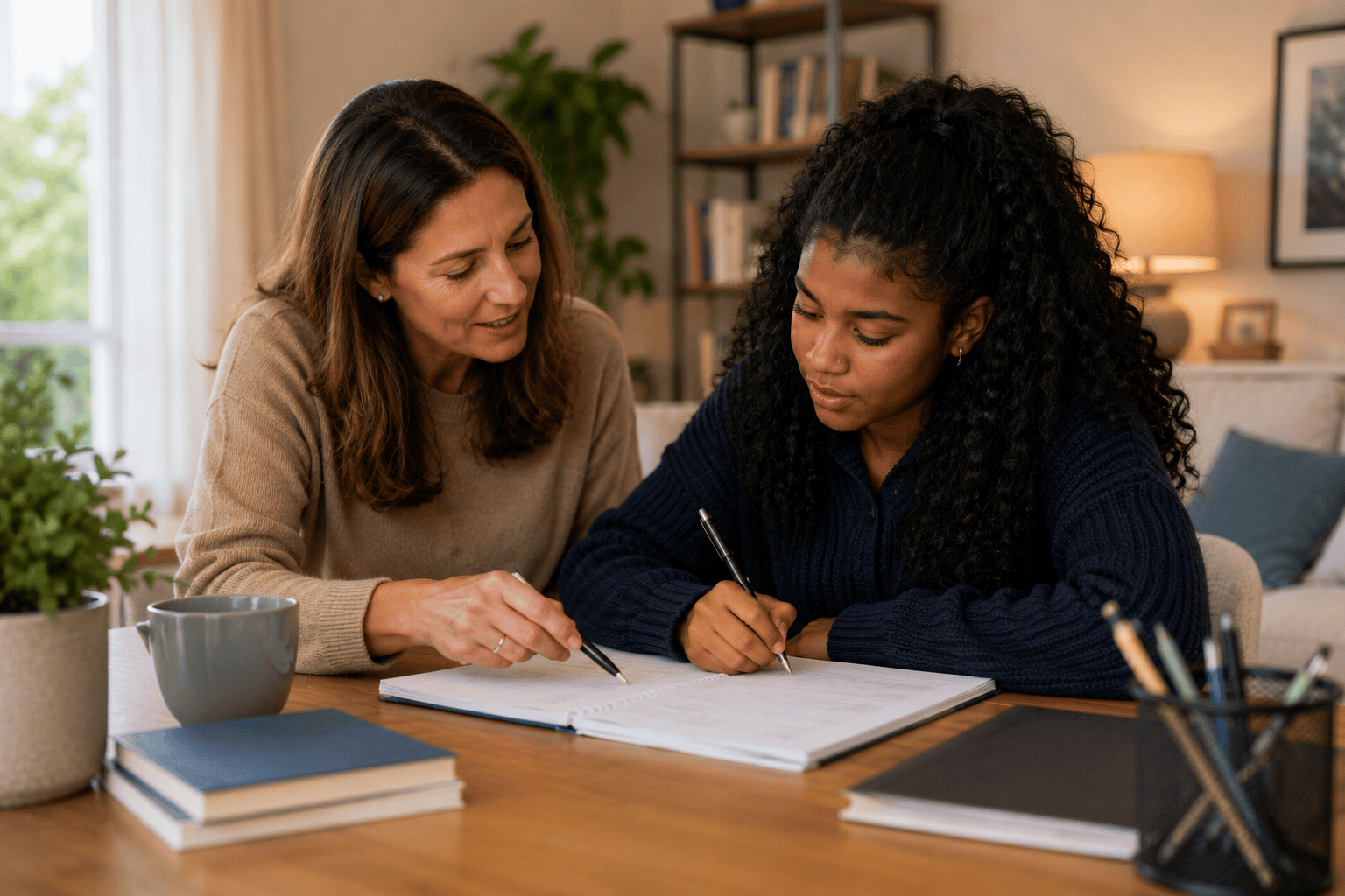 An adult woman helps a focused teenage girl with her studies at a wooden table. TITLE