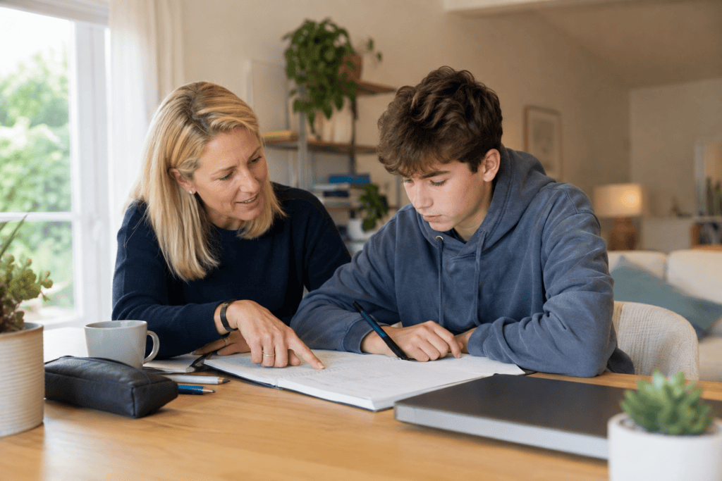 A woman helps a teenage boy with his studies, pointing at a notebook on a