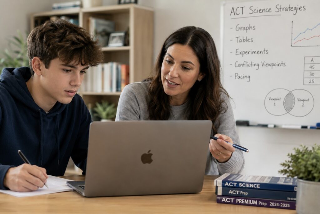 A female tutor explains ACT science strategies to a male student using a laptop and whiteboard. TITLE