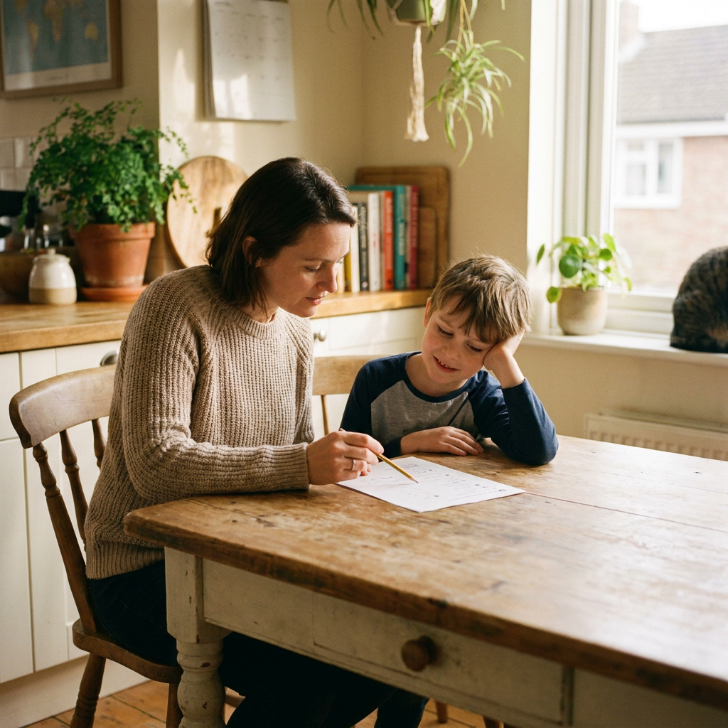 A mother helps her smiling son with homework at a rustic wooden table in a sunlit kitchen.