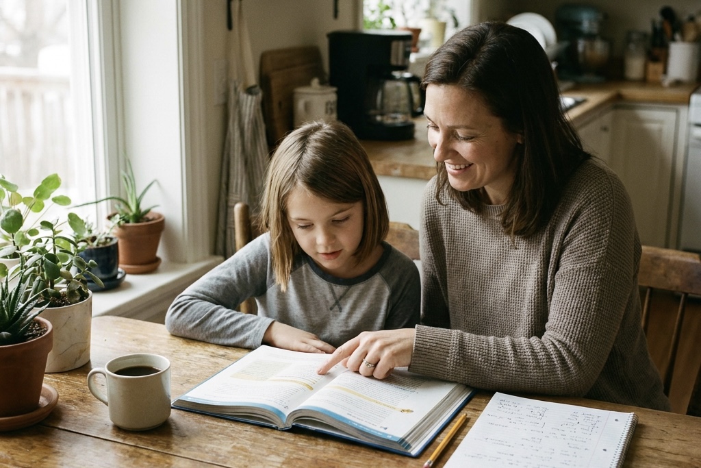A smiling woman points to a book while teaching a young girl at a kitchen table. TITLE