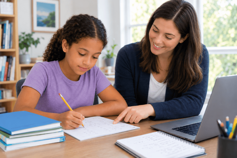 A smiling woman points to a worksheet as she helps a young girl with her homework