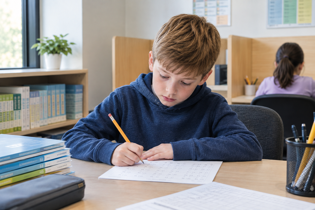 A young boy in a blue hoodie intently writes on a worksheet at a desk in a classroom. TITLE: